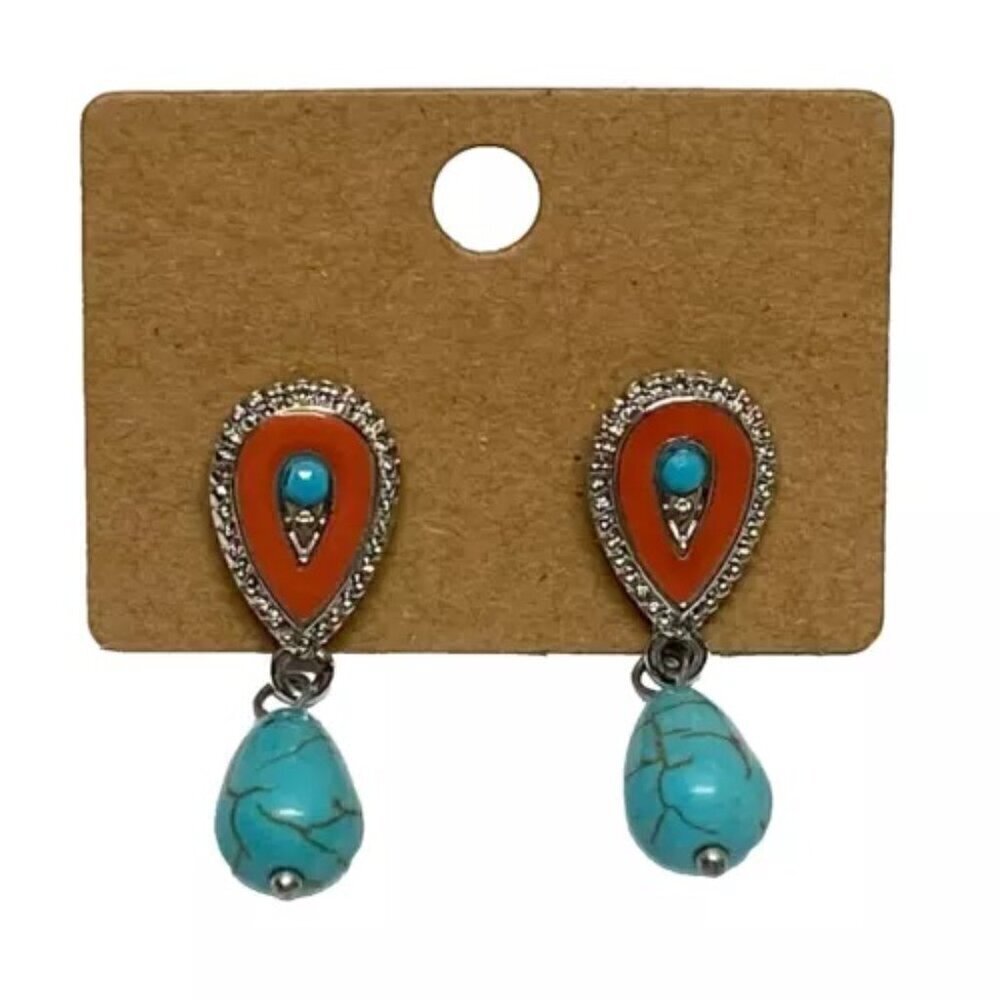 Turquoise Blue Tear Drop Silver Tone Studded Dangle Drop Earrings EUC